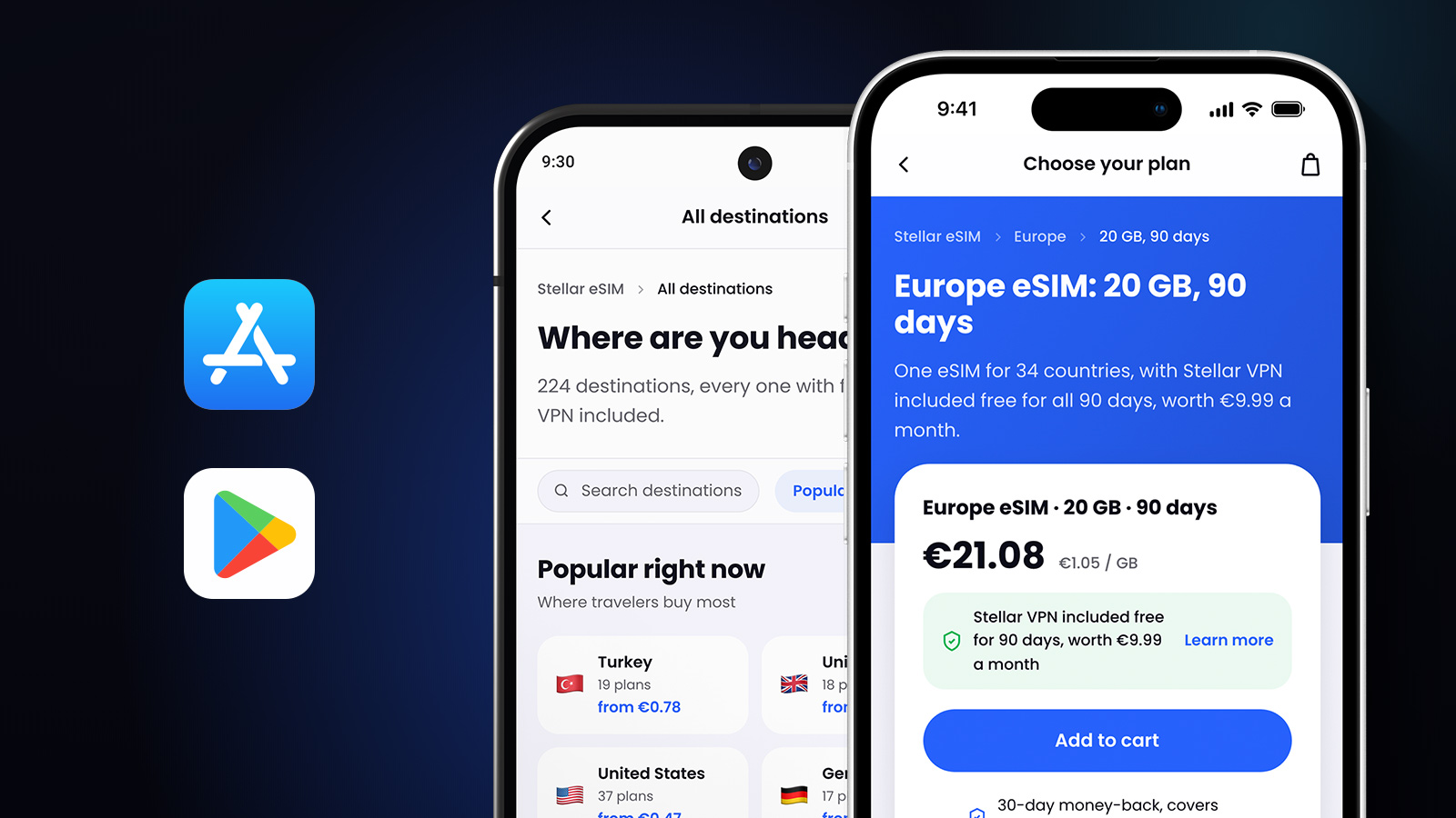 Stellar eSIM on iPhone and Android with App Store and Google Play icons