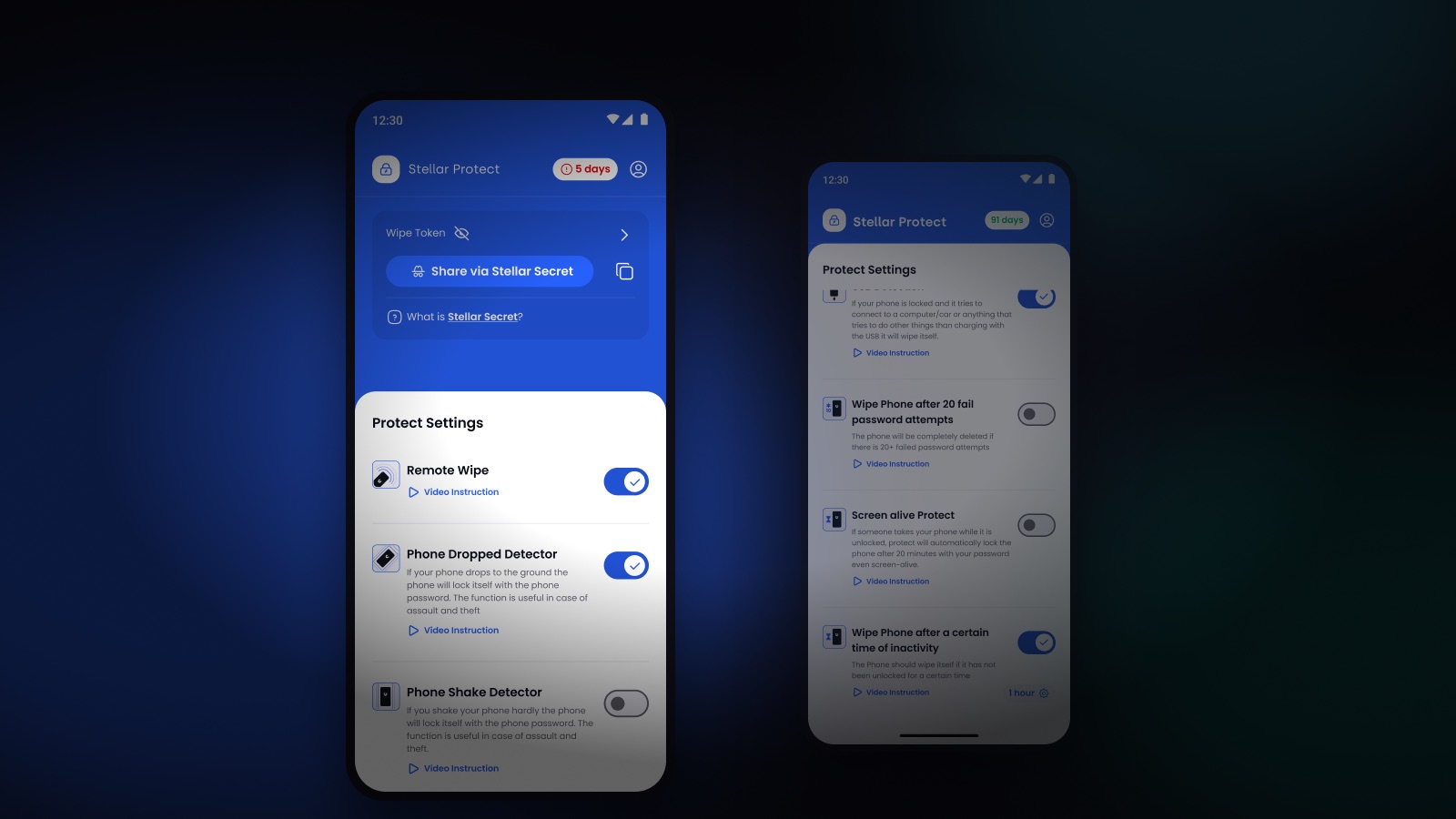 Stellar Protect open on two Stellar Phones, showing the Remote Wipe and detection switches
