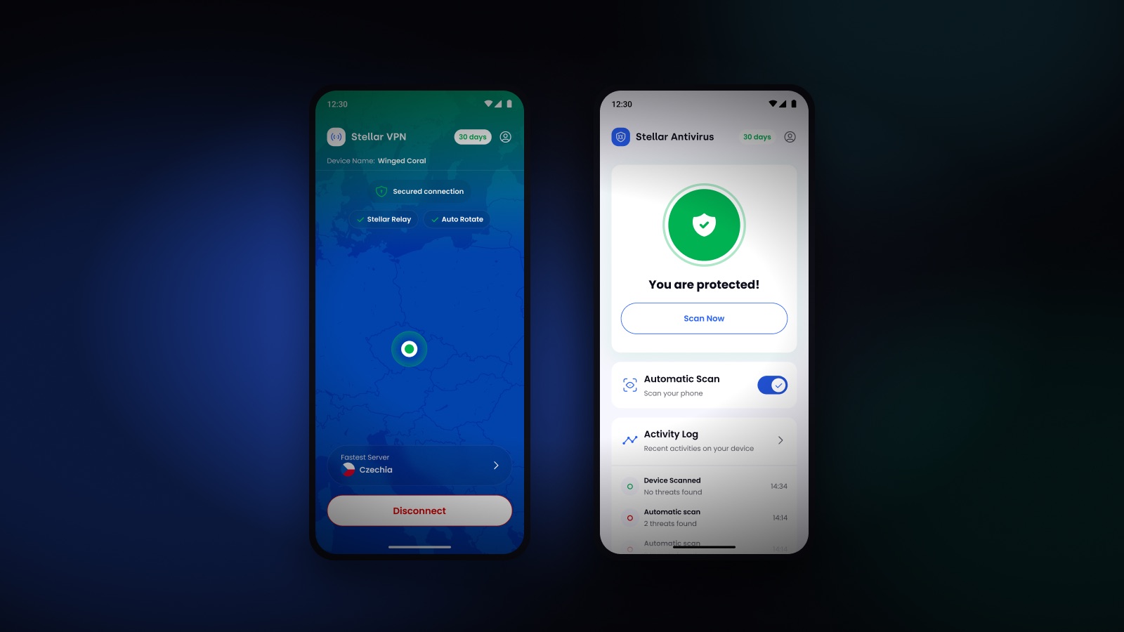 Stellar VPN and Stellar Antivirus running side by side on two Stellar Phones