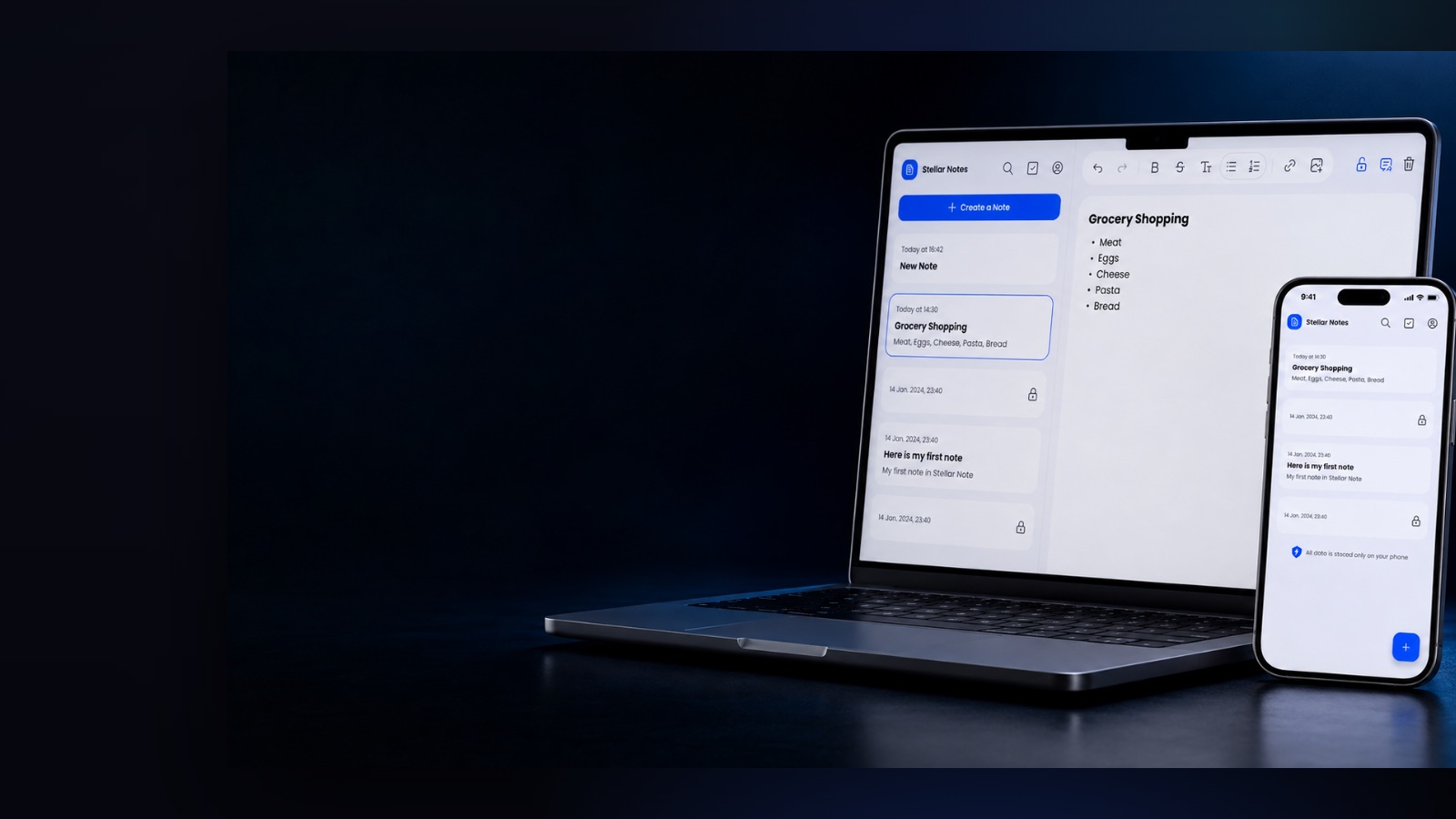 Stellar Private Notes open on a laptop and a phone at once, the same encrypted notes on both