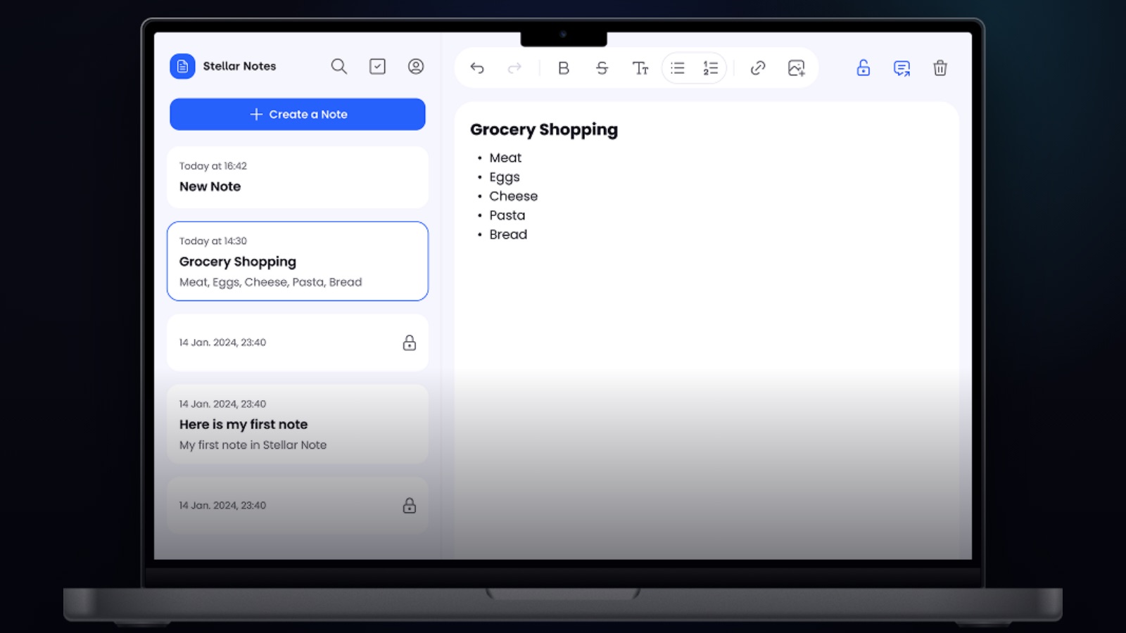 The Stellar Notes desktop app open on a MacBook, note list beside an open note