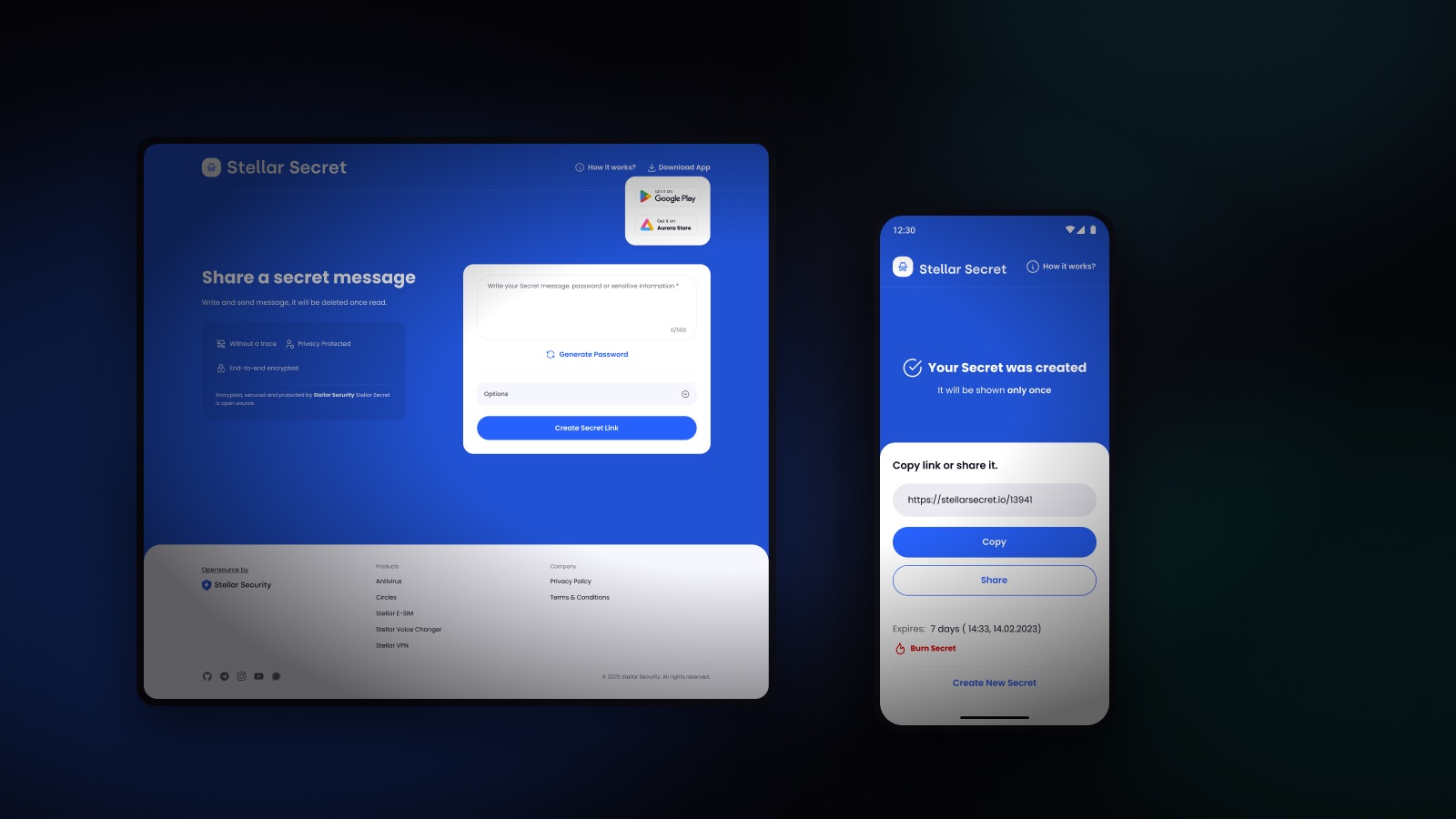Stellar Secret open on a desktop, with the created secret and its share link on a phone
