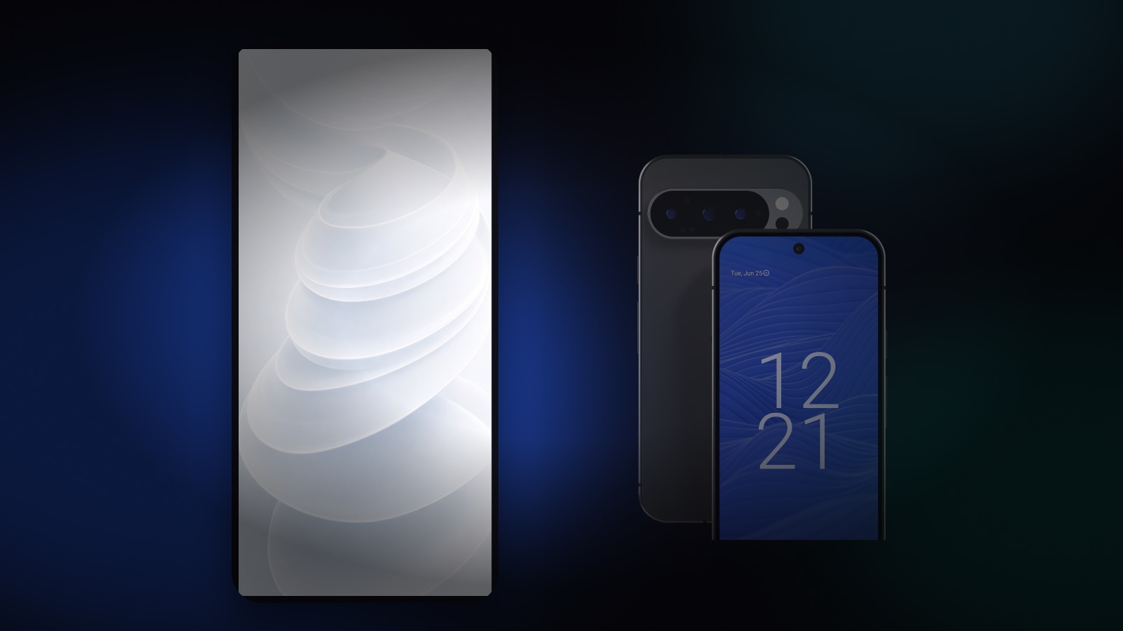 Two StellarOS wallpapers side by side, one on a bright panel and one on a Stellar Phone at the lock screen