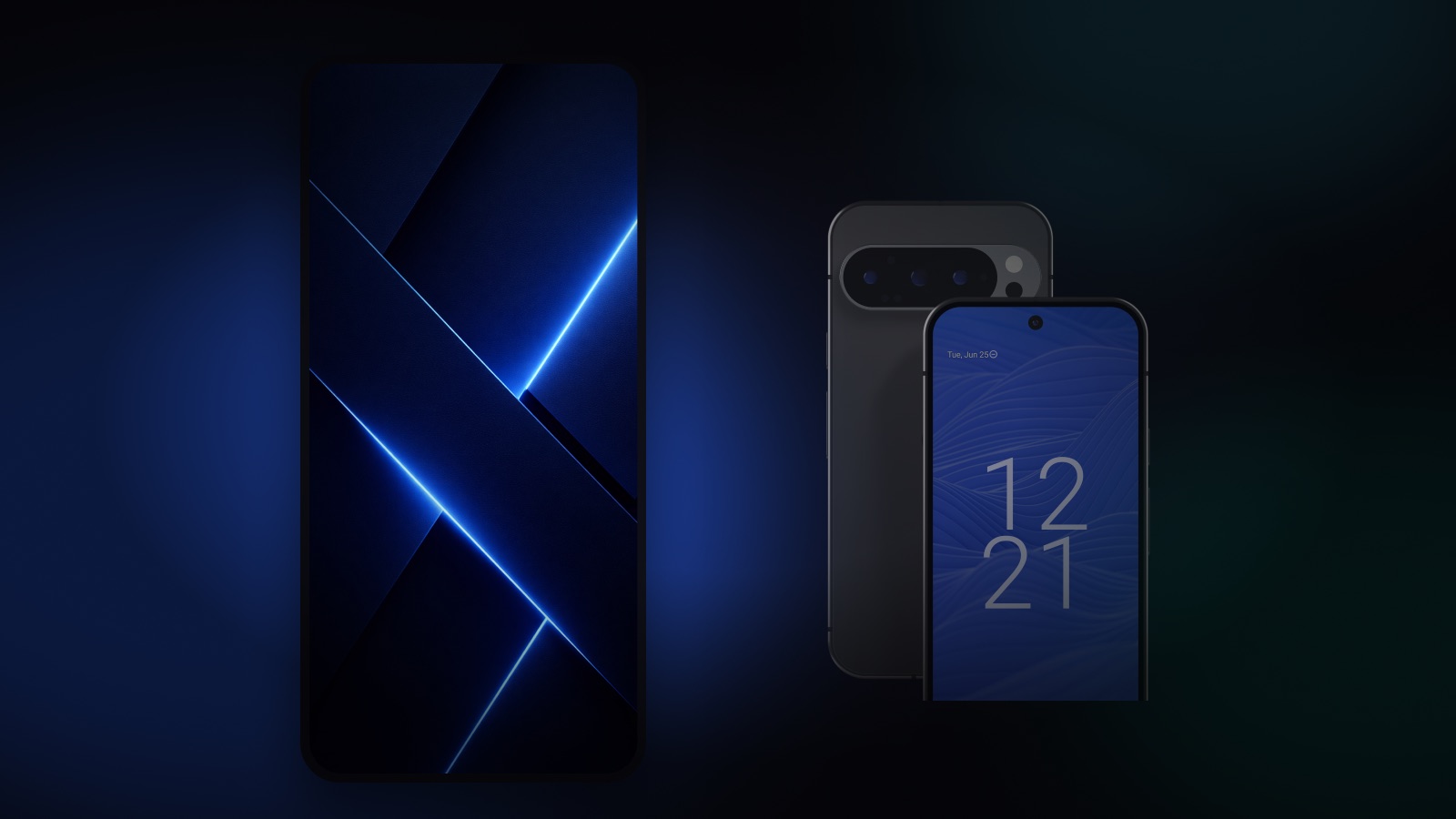 The second StellarOS wallpaper on a panel, beside a Stellar Phone showing the lock screen