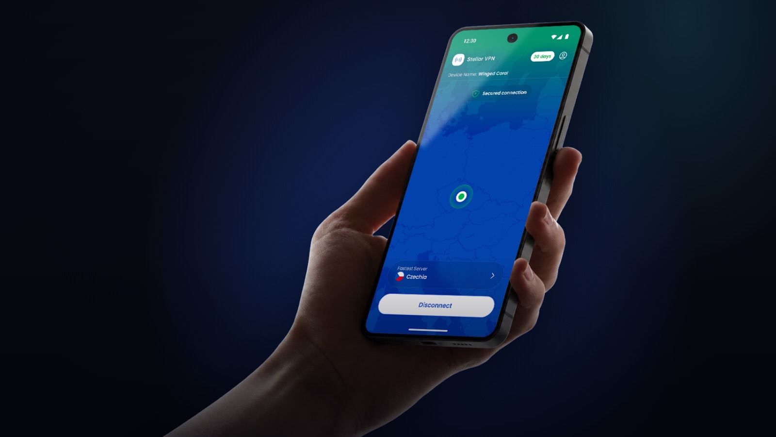 A hand holding a Stellar Phone with Stellar VPN connected