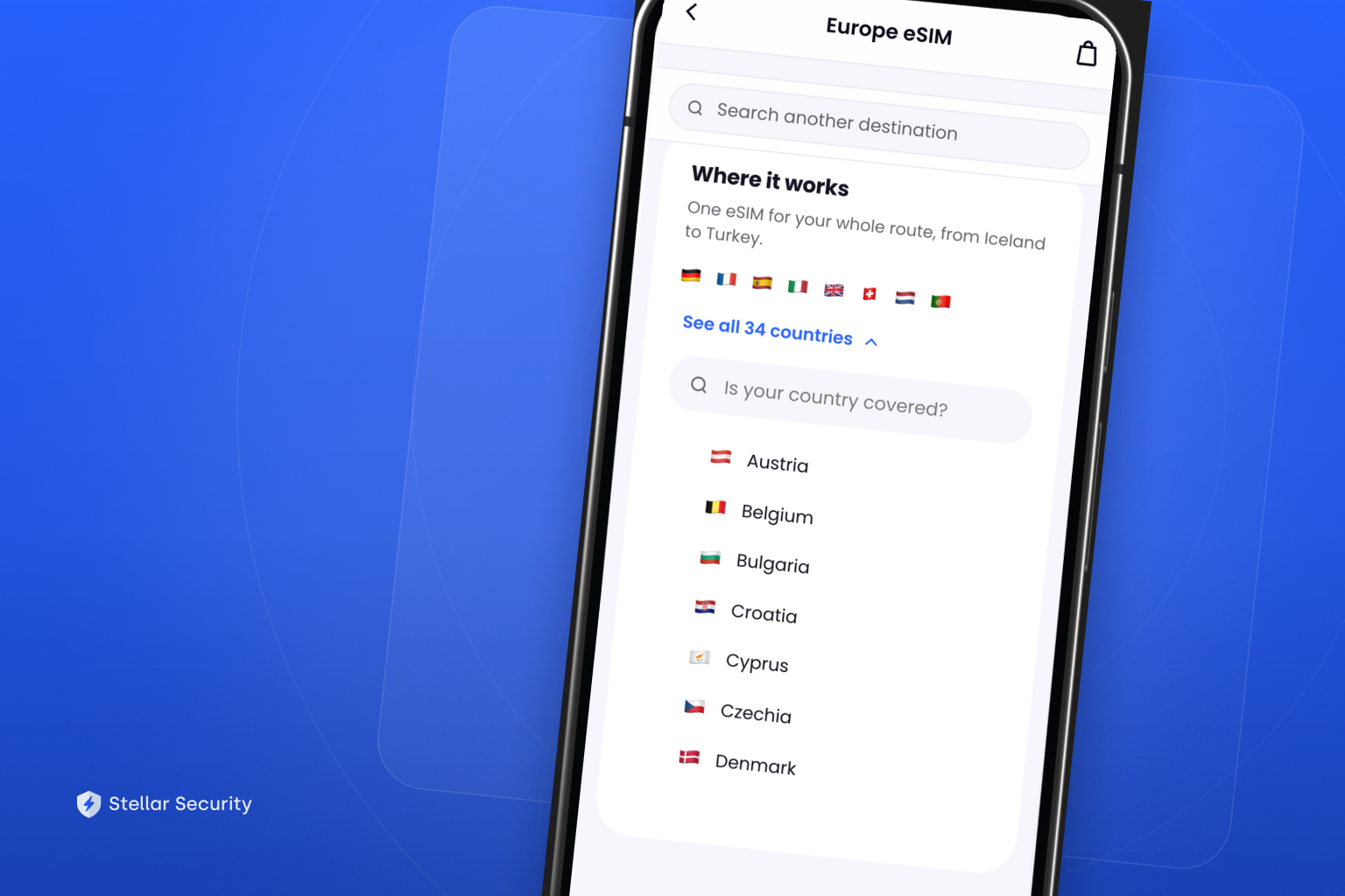 Stellar eSIM app showing Europe coverage and supported countries