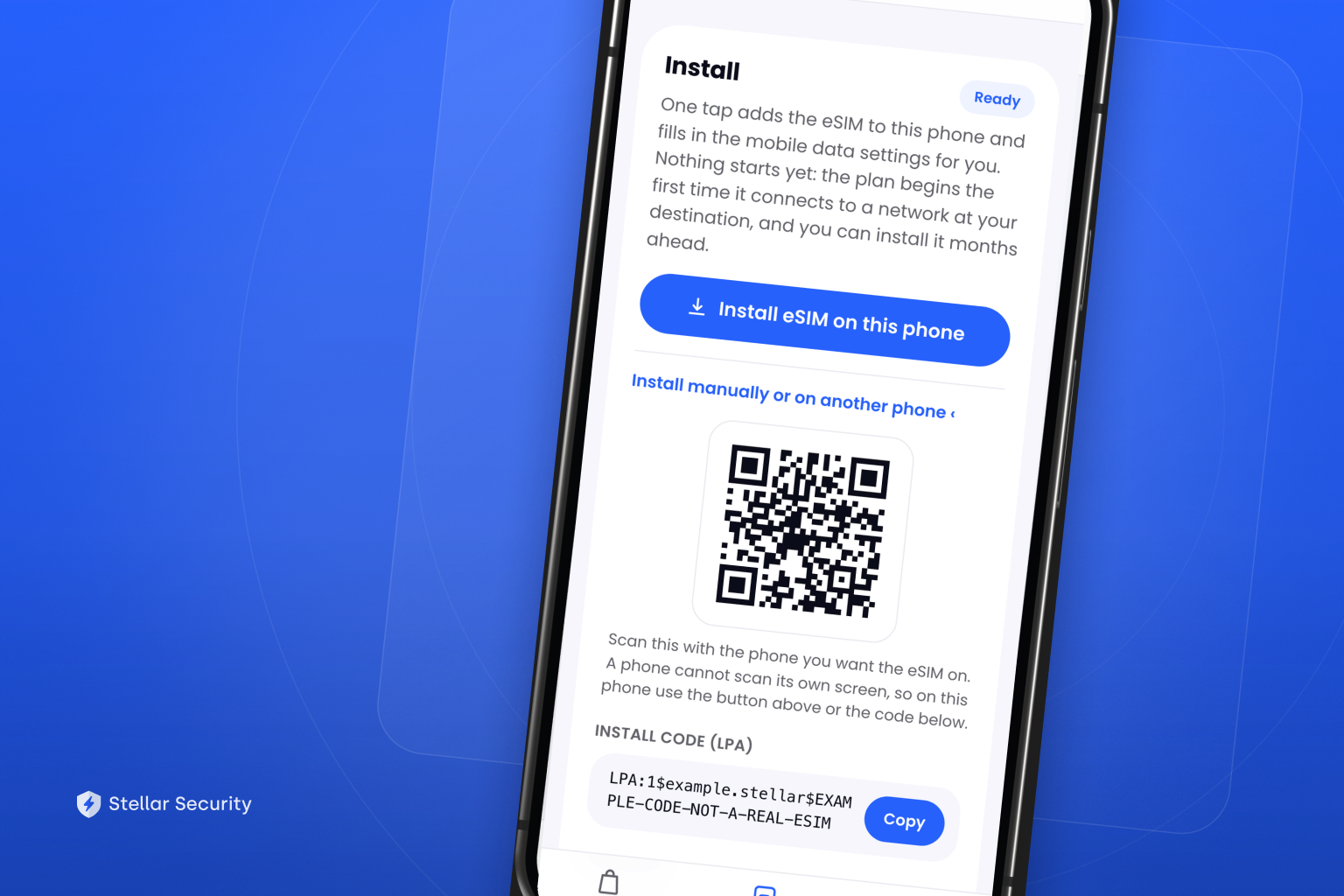 Stellar eSIM installation screen with one-tap install and QR code options