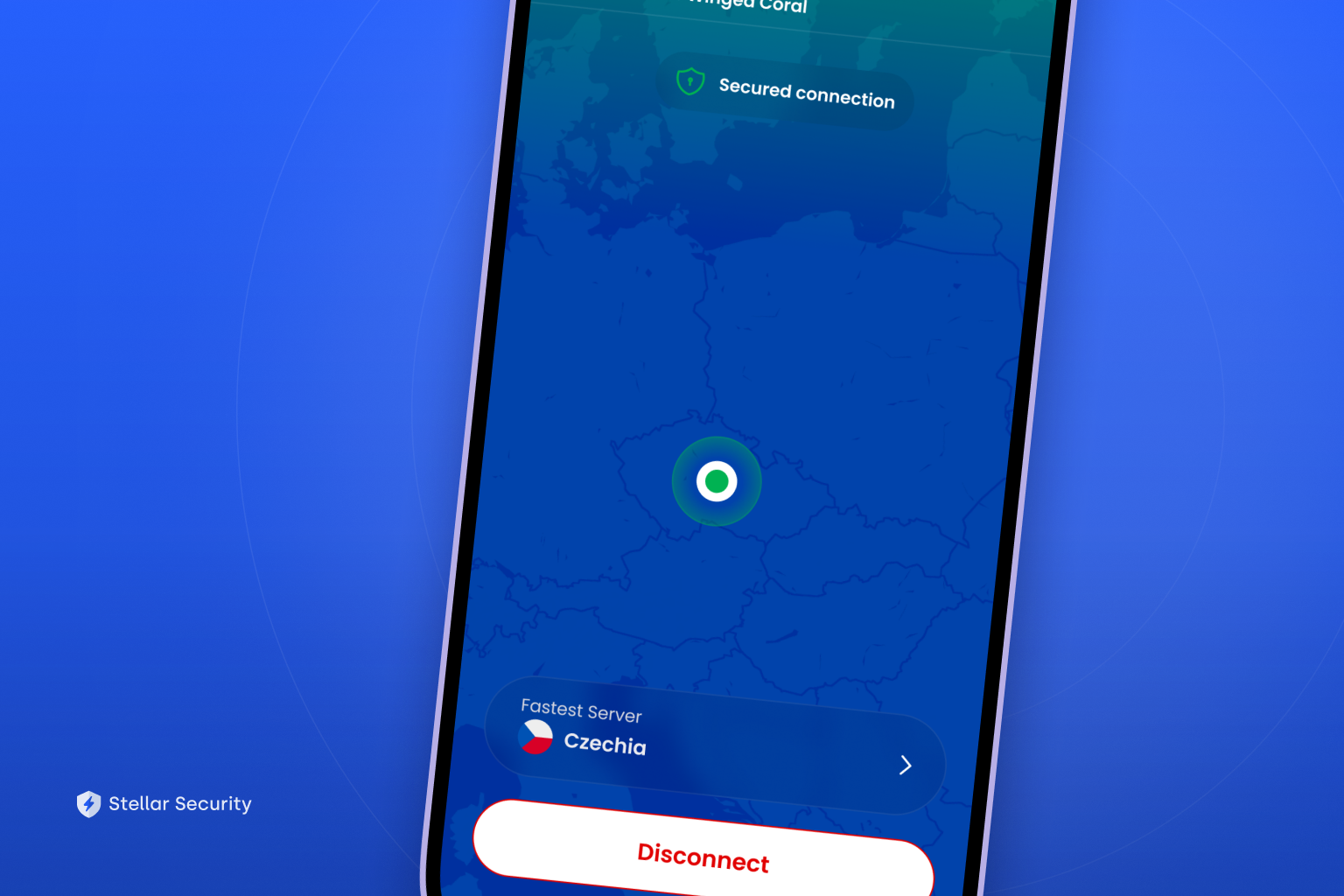 Stellar VPN app showing an active secured connection