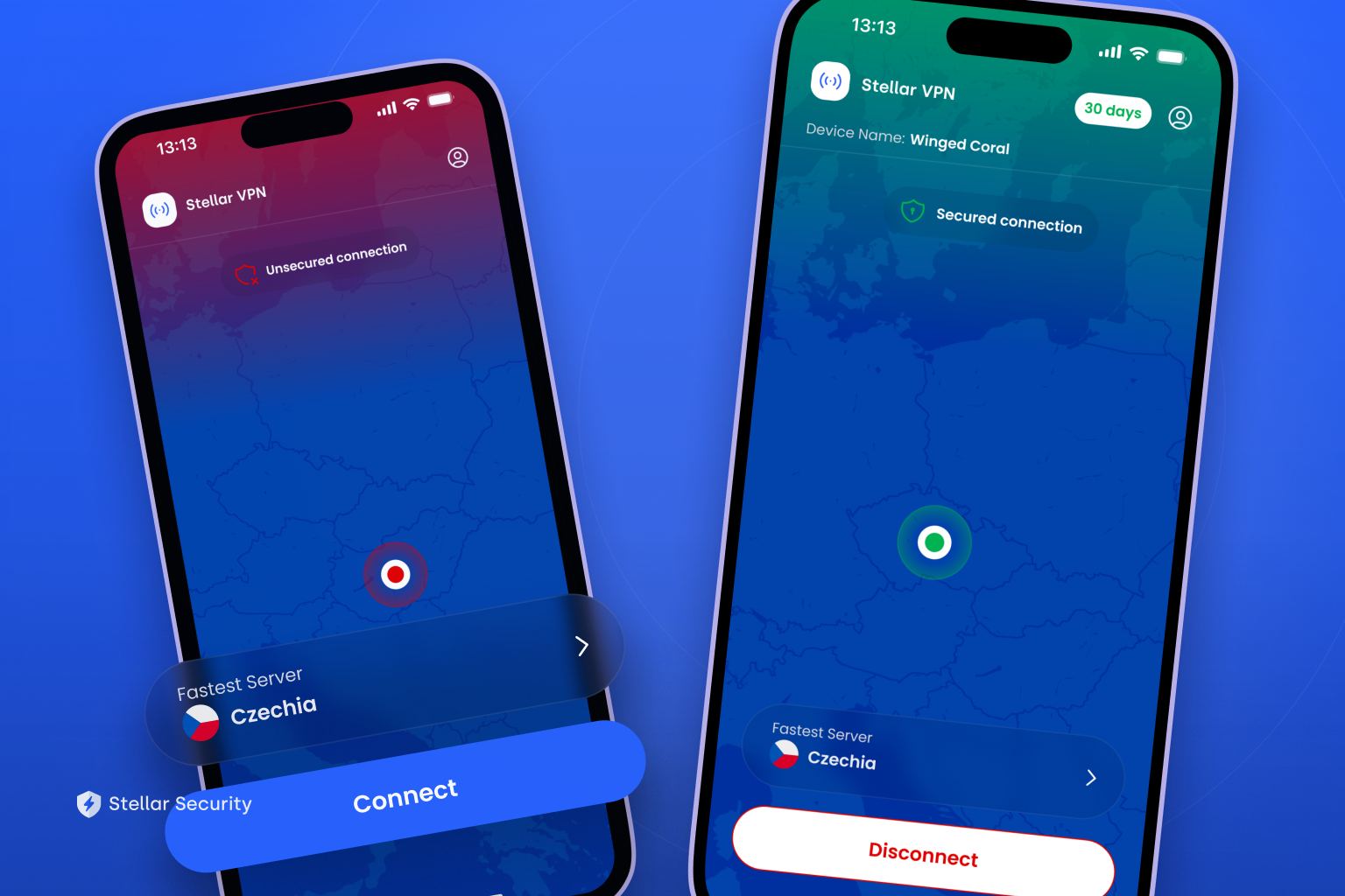 Stellar VPN shown before and after establishing a secured connection